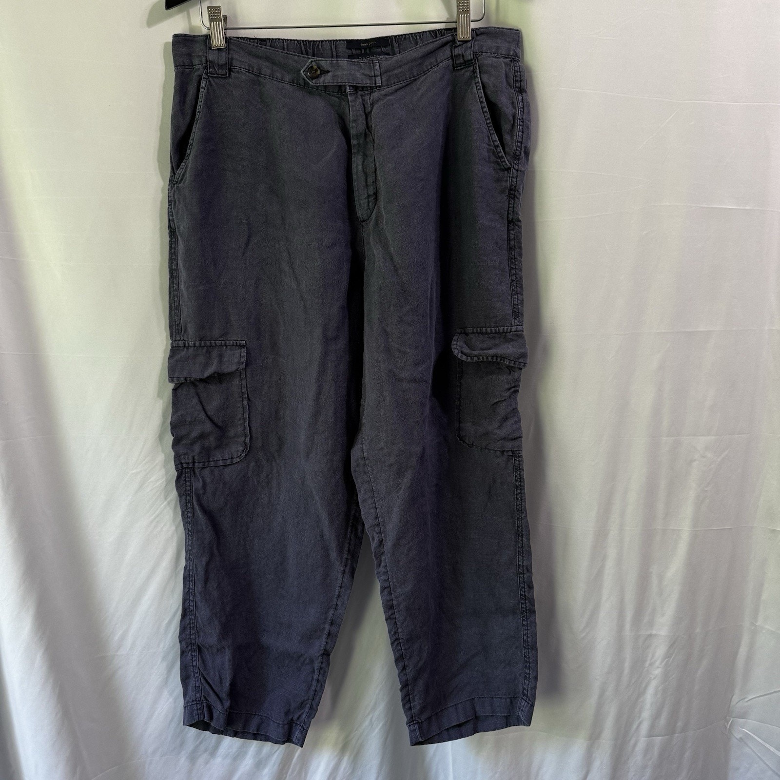 Rachel Roy Cargo Pants Women Xl Blue Linen Lagenlook Elastic Boho Crop Pockets